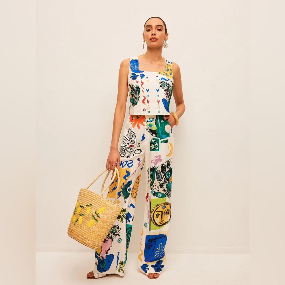 Commense Graphic Print Crop Top With Wide-Leg Pants Set